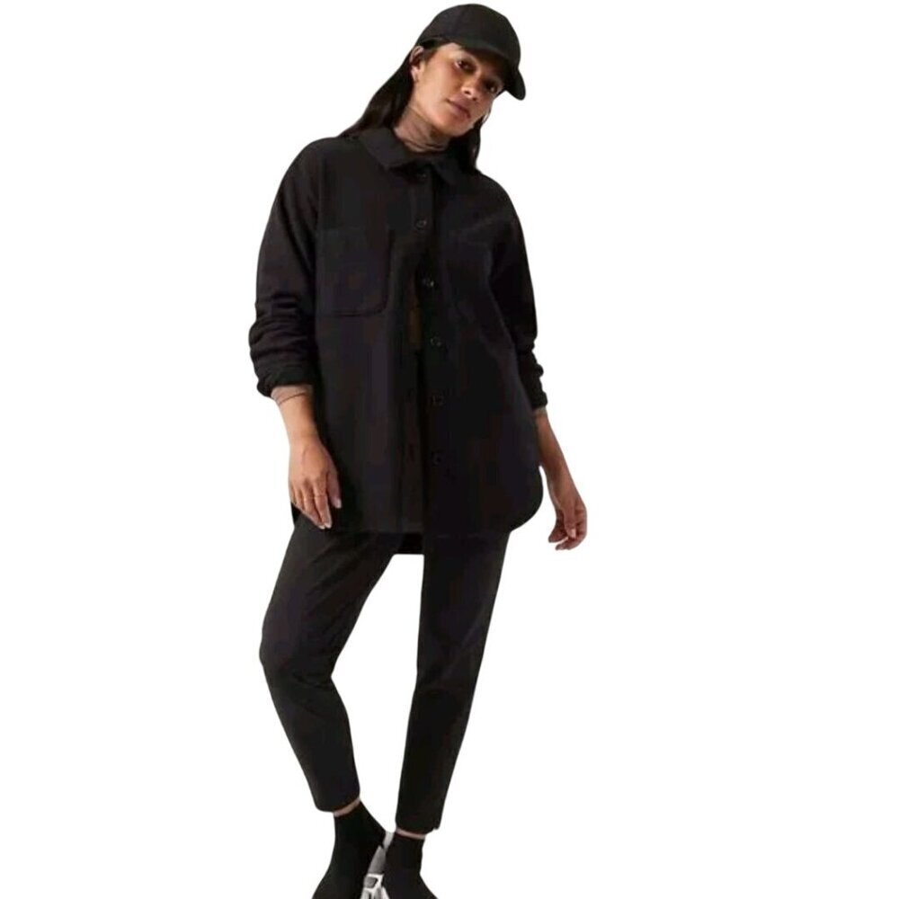 Athleta Retroplush Shirt Jacket Black Pockets Button Front Size S